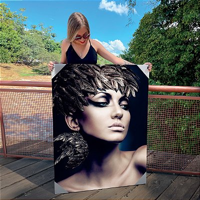 Quadro Decorativo Canvas Mulher Beleza Feminina Penas Pratas no Cabelo Vertical