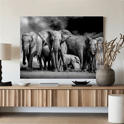 Quadro Decorativo Canvas Animais Selvagens Manada Elefantes Horizontal