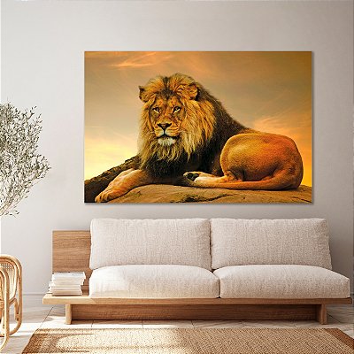Quadro Decorativo Canvas Animal Selvagem Leão Rei Floresta Entardecer Horizontal