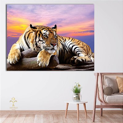 Quadro Decorativo Canvas Animal Selvagem Tigre Deitado na Pedra Horizontal