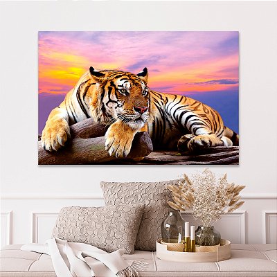 Quadro Decorativo Canvas Animal Selvagem Tigre Deitado na Pedra Horizontal