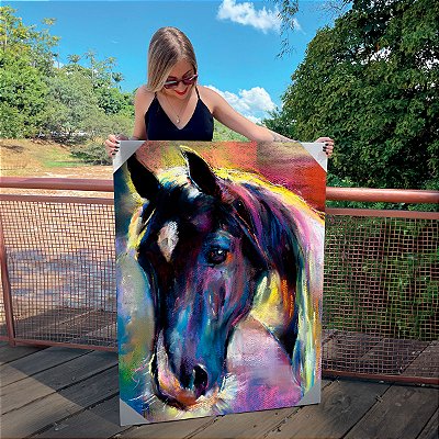 Quadro Decorativo Canvas Animal Arte Abstrata Pintura de Cavalo Colorido Vertical