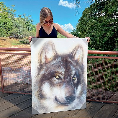 Quadro Decorativo Canvas Animal Selvagem Lobo Olhos Amarelos Vertical