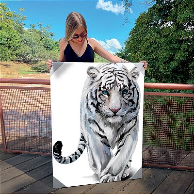 Quadro Decorativo Canvas Animal Selvagem Tigre Branco Caminhando Fundo Branco Vertical