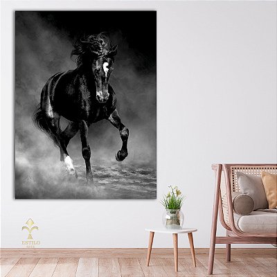 Quadro Decorativo Canvas Animal Selvagem Cavalo Negro Preto e Branco Vertical