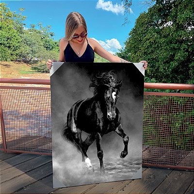 Quadro Decorativo Canvas Animal Selvagem Cavalo Negro Preto e Branco Vertical