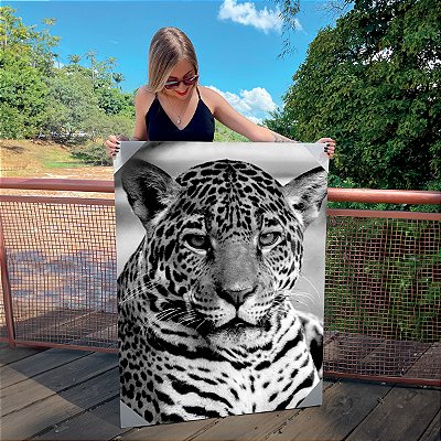 Quadro Decorativo Canvas Animal Selvagem Onça Preta e Branca Vertical