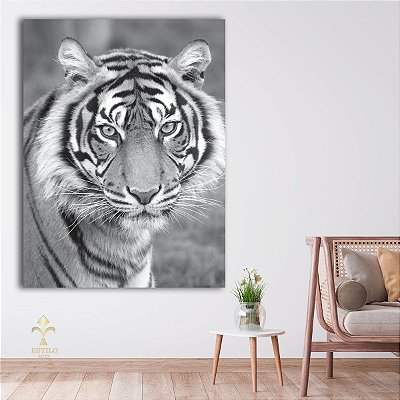Quadro Decorativo Canvas Animal Selvagem Tigre Preto e Branco Vertical