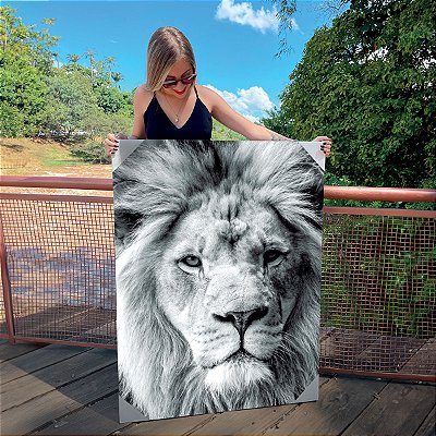 Quadro Decorativo Canvas Leão Animal Selvagem Rei Preto e Branco Vertical