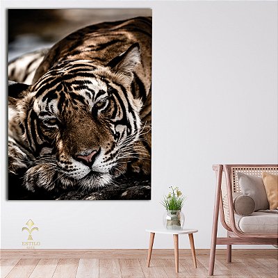 Quadro Decorativo Canvas Animais Silvestres Face Tigre Deitado Vertical