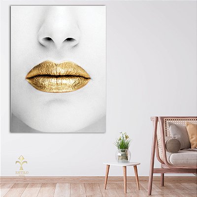Quadro Decoração Canvas Rosto Feminino Lábios Dourados Gold Vertical