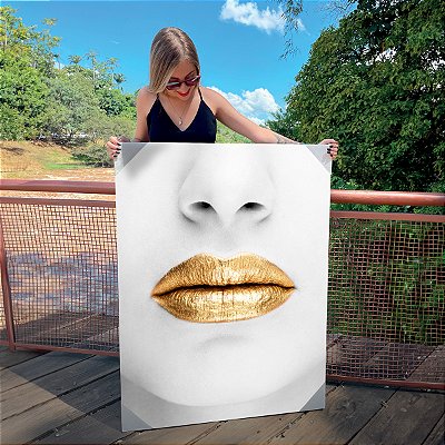 Quadro Decoração Canvas Rosto Feminino Lábios Dourados Gold Vertical