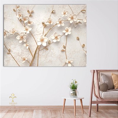 Quadro Decoração Canvas Árvore de Flores Brancas Abstratas Horizontal