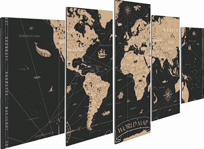 2016] Quadros Decorativos Mosaico 5 peça Mapa-Múndi  Cartografia Mares