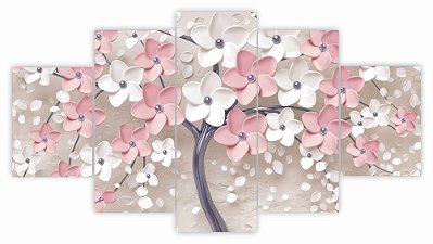 2017] Quadros Decorativos Mosaico 5 peças Arte Floral Sakura Flor de Cerejeira Rosa e Branco