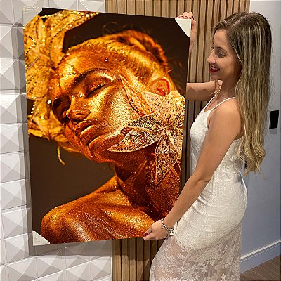 Quadro Decorativo Flutuante Mulher com Maquiagem Dourada Flor cor de Ouro no Rosto