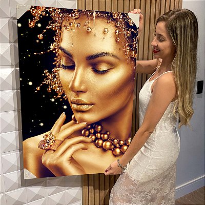 Quadro Decorativo Flutuante Mulher com Maquiagem Dourada Golden Ouro