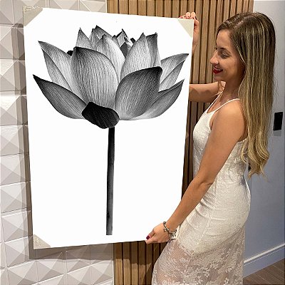 Quadro Decorativo Flutuante Flor de Lotus Efeito Grafite