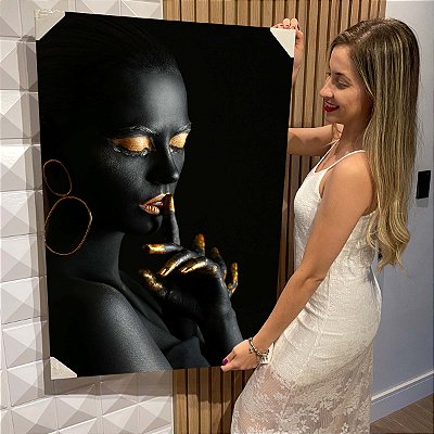 Quadro Decorativo Flutuante Rosto Feminino Perfil com Maquiagem Dourada