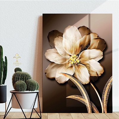 Quadro Decorativo Canvas Floral Gold Esmeralda Branca Vertical