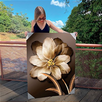Quadro Decorativo Canvas Floral Gold Esmeralda Branca Vertical