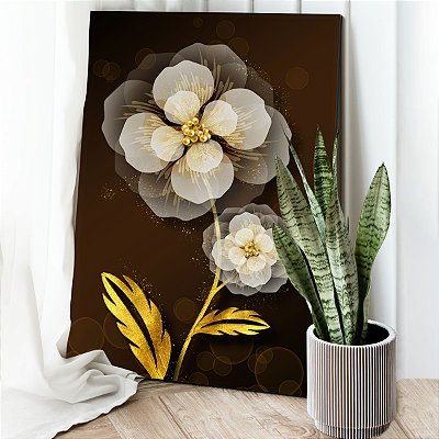Quadro Decorativo Canvas Floral Abstrato Gold Vertical
