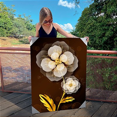 Quadro Decorativo Canvas Floral Abstrato Gold Vertical