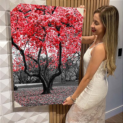 Quadro Decorativo Flutuante Paisagem Árvore Grande com Folhas Vermelhas Vertical