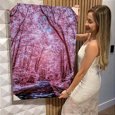 Quadro Decorativo Flutuante Natureza Estrada de Floresta Rosê Vertical
