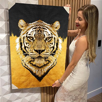 Quadro Decorativo Flutuante Animal Selvagem Tigre Abstrato Gold Vertical