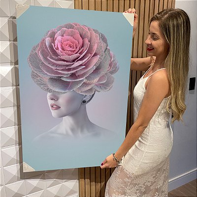 Quadro Decorativo Flutuante Beleza Feminina Face de Mulher com Rosa Vertical