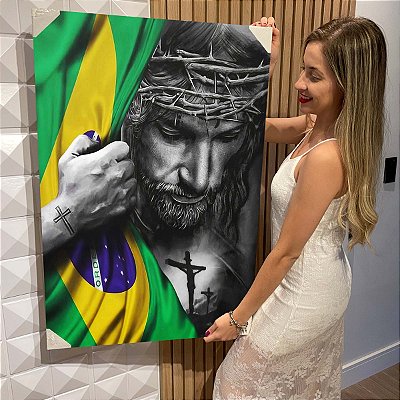 Quadro Decorativo Flutuante Religioso Jesus com a Bandeira do Brasil Vertical