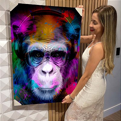 Quadro Decorativo Flutuante Animal Pintura asbtrata de Macaco Colorido Vertical