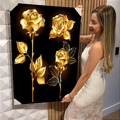 Quadro Decorativo Flutuante Floral Elegante Rosas Gold Vertical