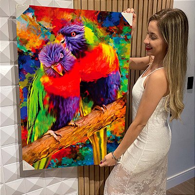 Quadro Decorativo Flutuantes Pássaros Papagaios Coloridos na Floresta Vertical
