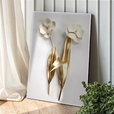 Quadro Decorativo Canvas Flores Brancas e Douradas