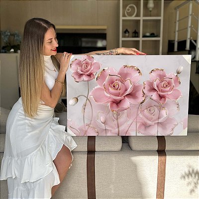 Quadro Decorativo Flutuante Floral Rosas Golden Pink Flores Horizontal