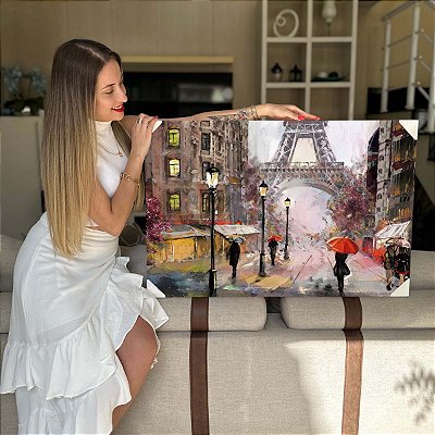 Quadro Decorativo Flutuante Pintura Cidade de Paris Torre Eiffel Horizontal