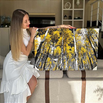 Quadro Decorativo Flutuante Natureza Campo Floresta Árvores com Folhas Amarelas Horizontal
