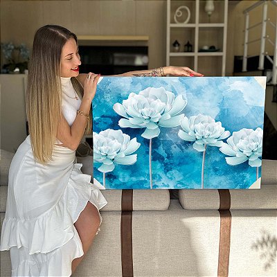 Quadro Decorativo Flutuante Arte Floral Flor de Lótus Azul e Branco Horizontal