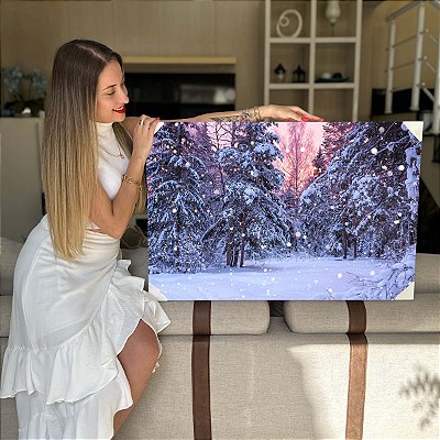 Quadro Decorativo Flutuante Paisagem de Floresta com Pinheiros Nevados Horizontal