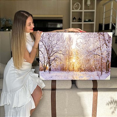 Quadro Decorativo Flutuante Paisagem Floresta Nevada Pôr do Sol Horizontal