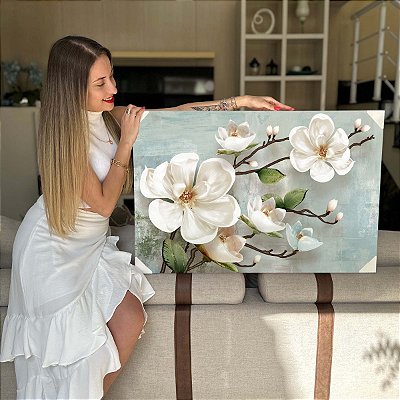 Quadro Decorativo Flutuante Floral Pintura de Orquídeas Brancas Horizontal