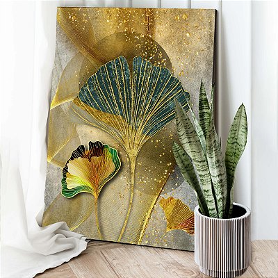 Quadro Decorativo Canvas Abstrato Composição de Folhas Verdes com Detalhes Dourados Vertical