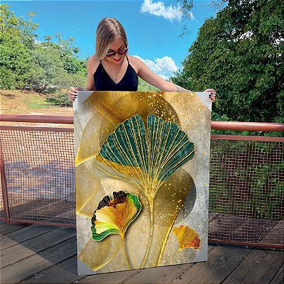Quadro Decorativo Canvas Abstrato Composição de Folhas Verdes com Detalhes Dourados Vertical