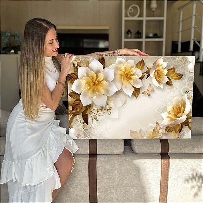 Quadro Decorativo Flutuante Floral Flor de Lótus Branca Horizontal