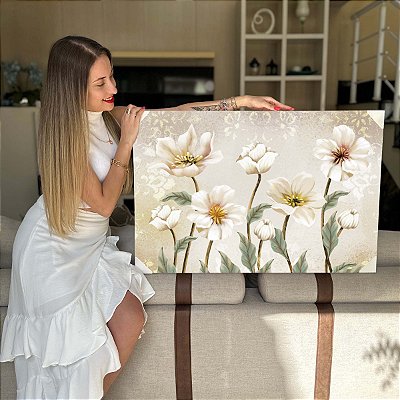 Quadro Decorativo Flutuante Flores Brancas Florais Artístico Horizontal