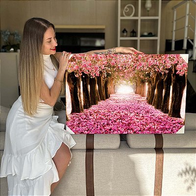 Quadro Decorativo Flutuante Paisagem de Túnel de Árvores de Flores Cor de Rosa Horizontal