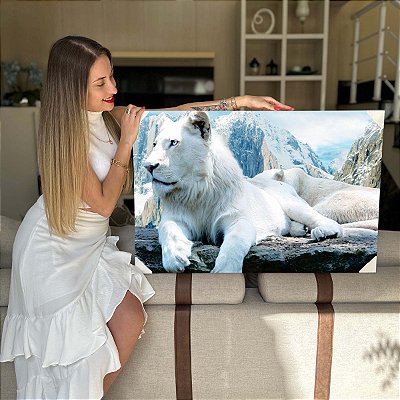 Quadro Decorativo Flutuante Animal Selvagem Leão Branco na Neve Horizontal