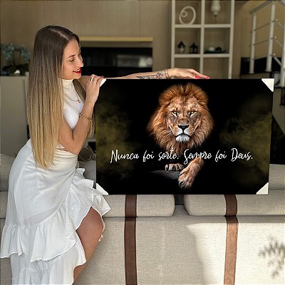 Quadro Decorativo Flutuante Leão Frase Nunca foi Sorte sempre foi Deus Horizontal